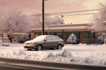a single snow-covered car standing out in a parking lot, created with generative aiの素材