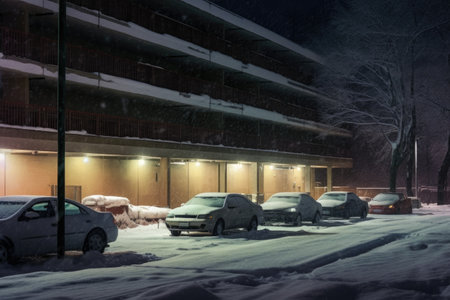 snowy car park illuminated by soft streetlights, created with generative aiの素材