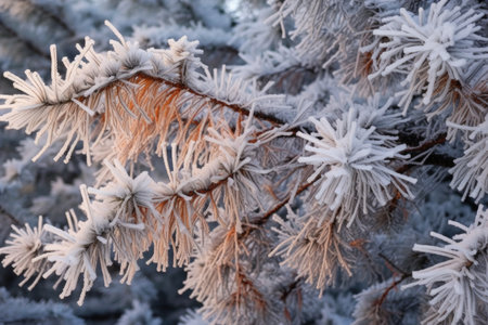 snow-covered pine tree branches with frost patterns, created with generative aiの素材