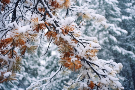 snowfall gently accumulating on pine tree branches, created with generative aiの素材