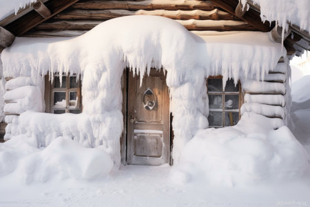 snowdrift covering entire front door of a cozy cabin, created with generative aiの素材