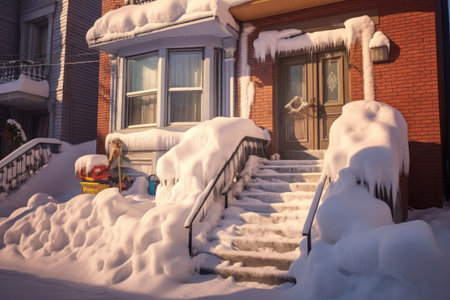 snow piled up around doorsteps, creating a winter scene, created with generative aiの素材