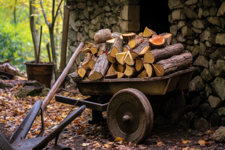 split logs in wheelbarrow near firewood pile, created with generative aiの素材