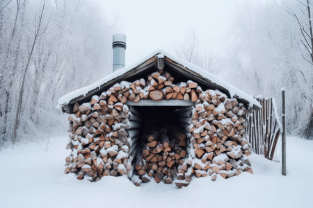 firewood pile covered in snow during winter, created with generative aiの素材