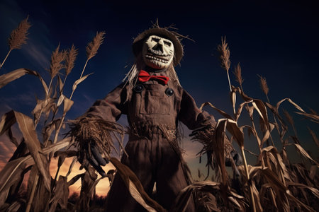 sinister scarecrow in a moonlit cornfield, created with generative aiの素材