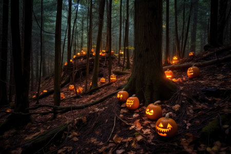 glowing jack-o-lanterns in a dark forest setting, created with generative aiの素材