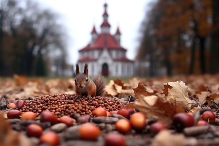 pile of nuts on the ground with a squirrel in the background, created with generative aiの素材