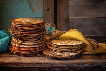 stack of tortillas with a rustic wooden backdrop, created with generative aiの素材
