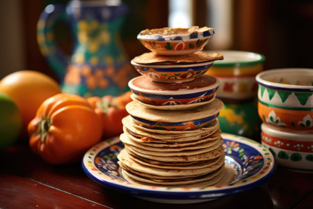 tortilla stacks with traditional mexican pottery, created with generative aiの素材