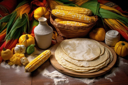 fresh tortillas with corn and flour ingredients around them, created with generative aiの素材