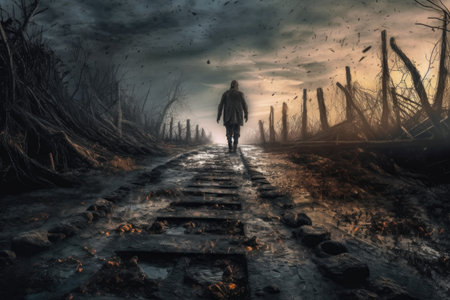 trail of footprints leading towards a zombie figure, created with generative aiの素材