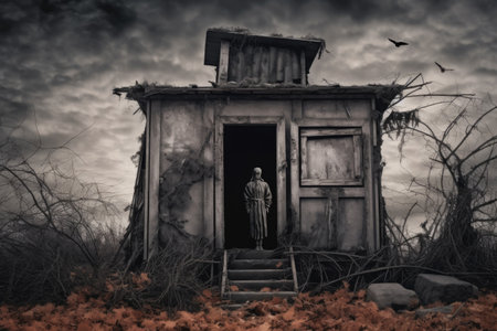 spooky abandoned house with a zombie standing in the doorway, created with generative aiの素材