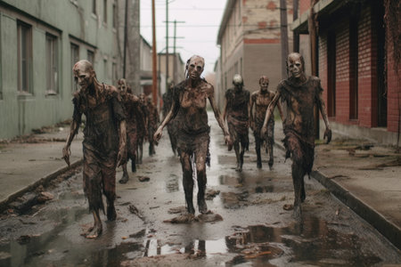 zombies rotting feet shuffling through abandoned streets, created with generative aiの素材