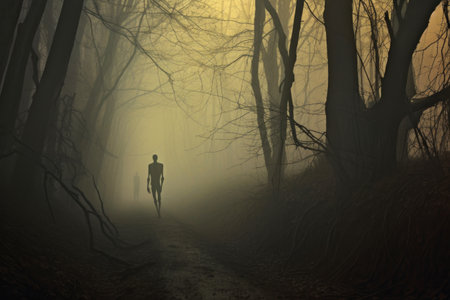 foggy forest path with eerie zombie silhouette, created with generative aiの素材