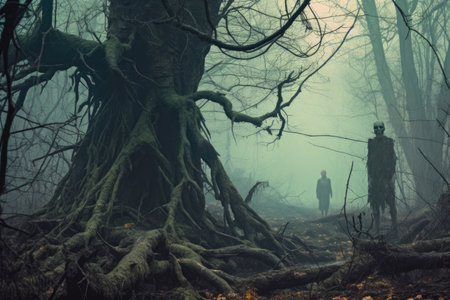 eerie forest with a zombie lurking behind a tree, created with generative aiの素材