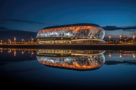 illuminated sports stadium reflecting on water, created with generative aiの素材
