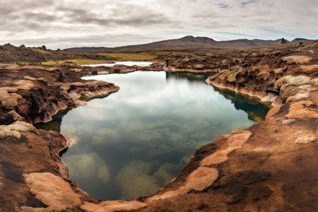 wide angle of geothermal springs in volcanic terrain, created with generative aiの素材