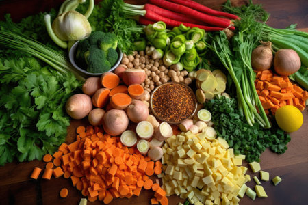 freshly chopped vegetables, herbs, and spices arranged for stew, created with generative aiの素材