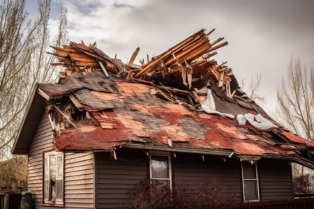 roof ridge and flashing torn apart by storm, created with generative aiの素材