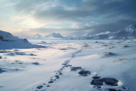 snowy landscape with footprints of sub-antarctic creatures, created with generative aiの素材