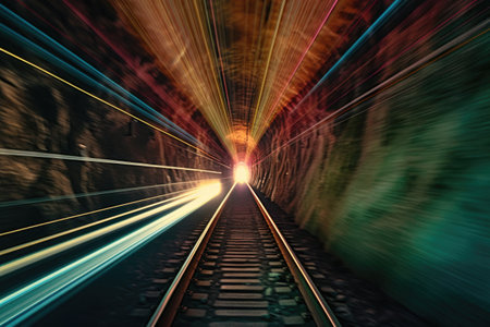 dark tunnel with light trails from passing train, created with generative aiの素材
