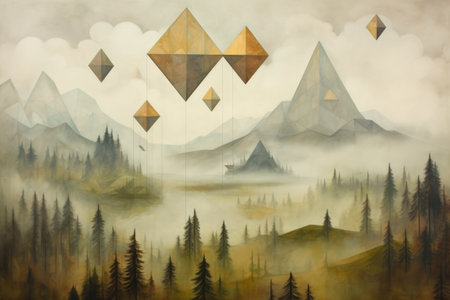 floating geometric shapes over a misty landscape, created with generative aiの素材