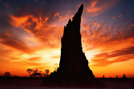 silhouette of termite mound against sunset sky, created with generative aiの素材