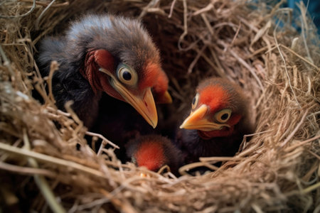 close-up of rare bird chicks hatching from their eggs in the nest, created with generative aiの素材