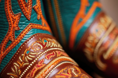 close-up of cowboy boots stitching details, created with generative aiの素材