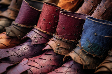 various colorful cowboy boot leathers on workbench, created with generative aiの素材