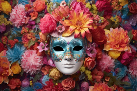 a colorful colombina mask amidst a floral setting, created with generative aiの素材