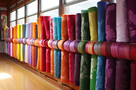 hanbok fabric rolls displayed in vibrant colors, created with generative aiの素材