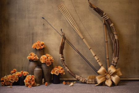 finished bow and arrows displayed on rustic background, created with generative aiの素材