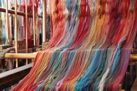 colorful silk threads on a vintage wooden loom, created with generative aiの素材