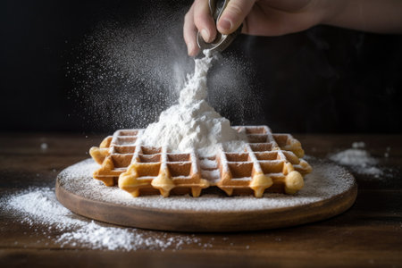 dusting powdered sugar on warm belgian waffles, created with generative aiの素材