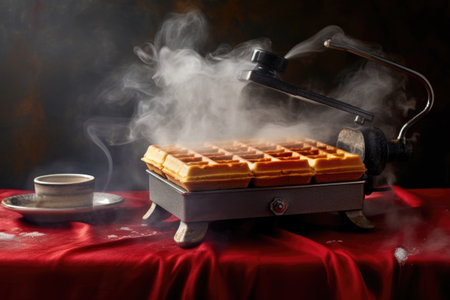 waffle iron closed, steam escaping from sides, created with generative aiの素材