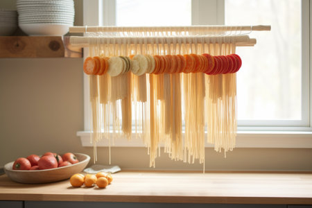 drying rack with hanging strands of pasta, created with generative aiの素材