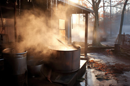 steam rising from the evaporator pan during the syrup-making process, created with generative aiの素材