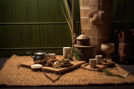 traditional coffee setup with woven grass mat, created with generative aiの素材