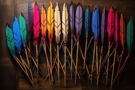 wooden arrows with colorful feather fletchings in a quiver, created with generative aiの素材