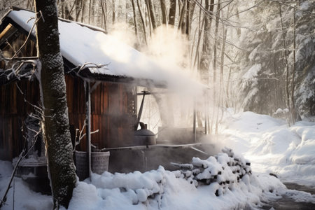 boiling sap in an outdoor evaporator with steam rising, created with generative aiの素材