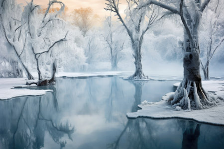 frozen trees framing a steaming thermal pool in a winter scene, created with generative aiの素材