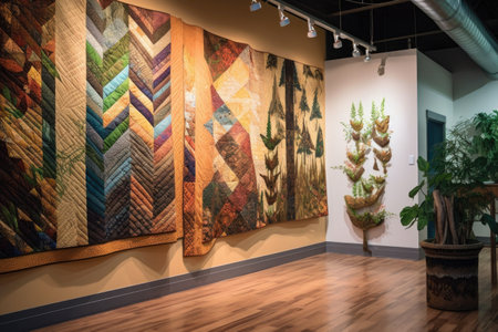 quilt with nature-inspired patterns hanging on a wall, created with generative aiの素材