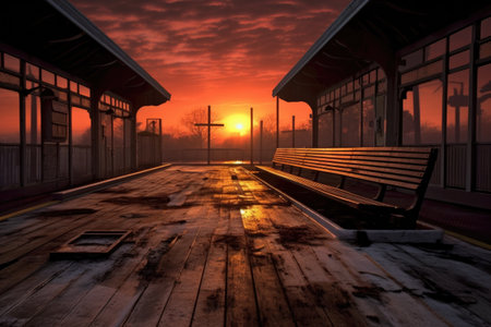 empty platform with glowing sunrise backdrop, created with generative aiの素材