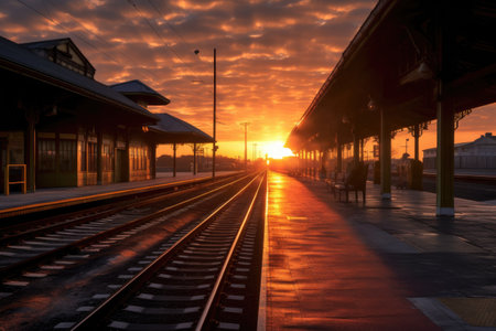 sunrise over empty train station platform, created with generative aiの素材
