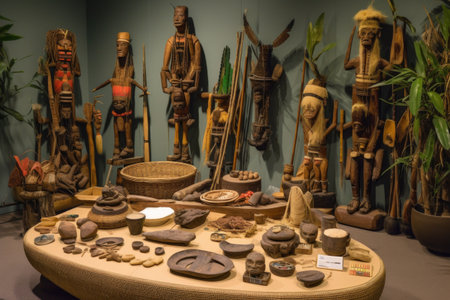 collection of uncontacted tribes artifacts in a museum display, created with generative aiの素材