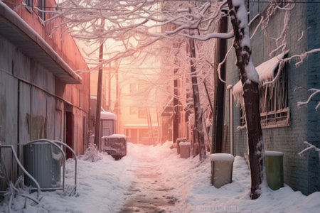 snow-covered urban alley with frosted trees, created with generative aiの素材