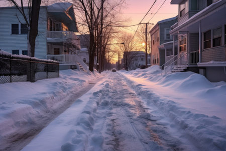 snowy footprints meandering down an unplowed sidewalk, created with generative aiの素材