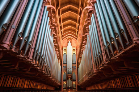 rows of majestic pipe organ pipes, in a cathedral, created with generative aiの素材