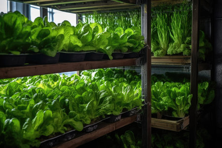 freshly harvested greens from a vertical farm in crates, created with generative aiの素材